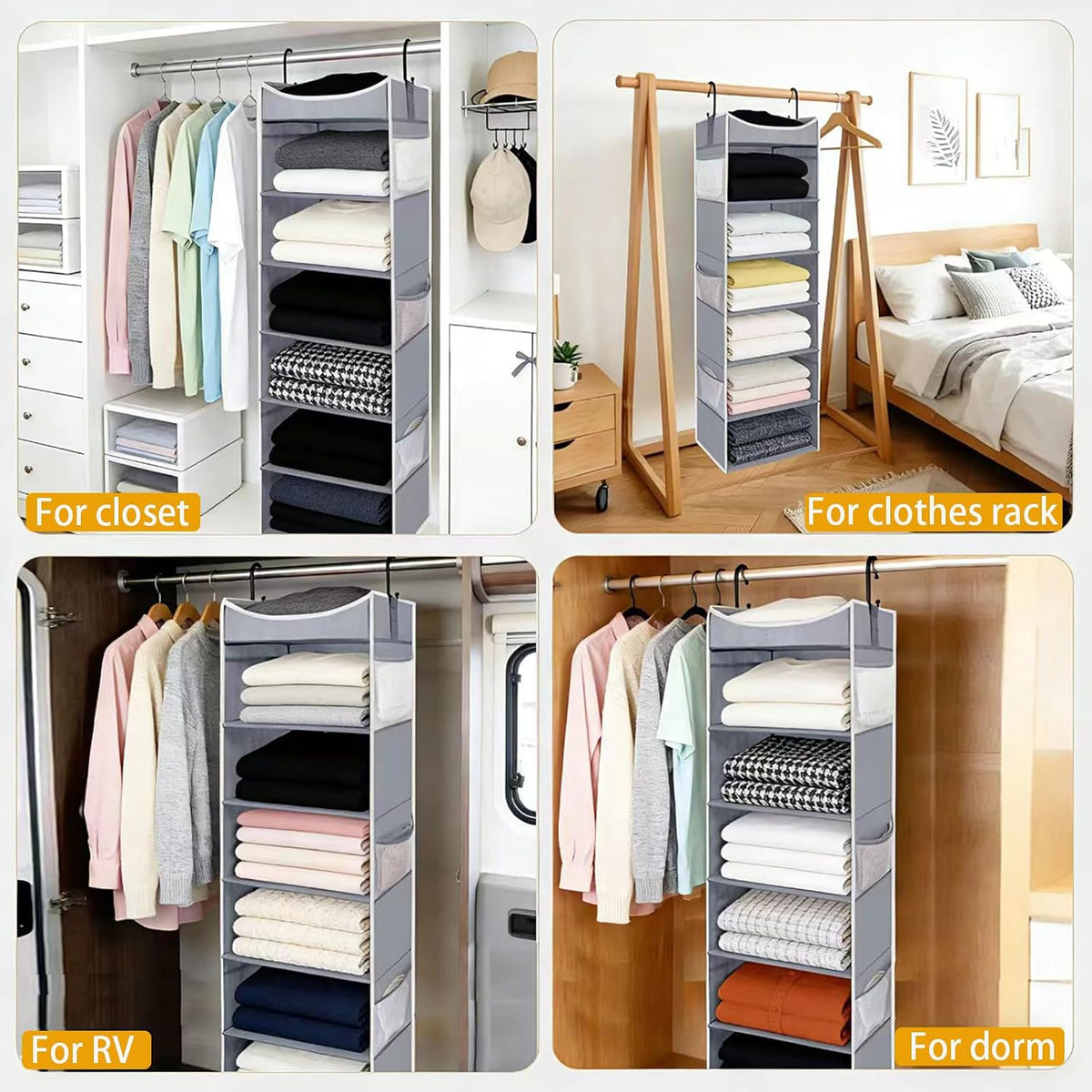 6-Shelf Hanging Closet Organizer and Storage with Side Pockets, Collapsible Closet Hanging Shelves for Storage, Grey