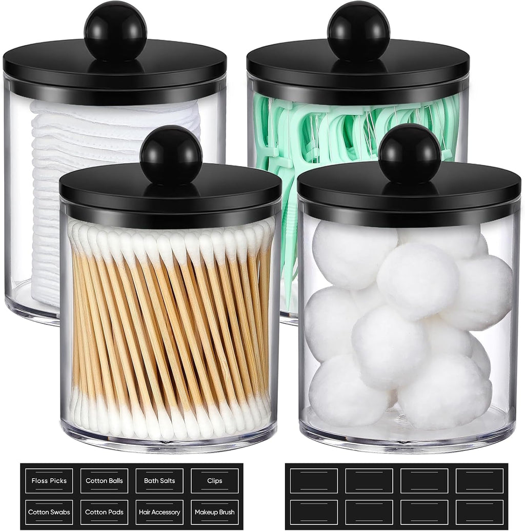 4 Pack Acrylic Qtip Holder Dispenser for Cotton Swabs, Balls, Pads, Floss - Plastic Canister Apothecary Jar Set, Bathroom Essentials Accessories Decor Vanity Makeup Storage Organizer - Clear & Black