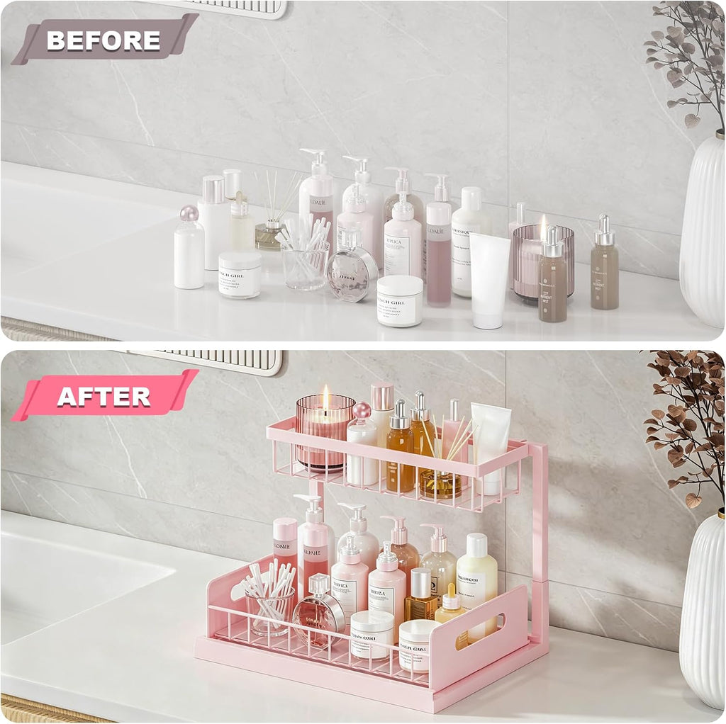 REALINN Pink Countertop Organizer, 2 Tier Vanity Shelf with Sliding Drawer