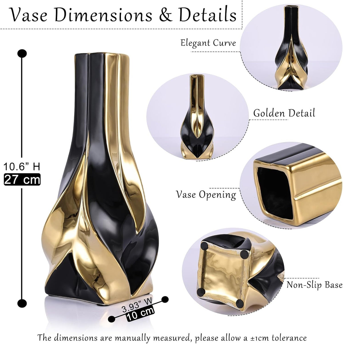 10.6 "Tall Black and Gold Ceramic Decor Vase, Modern Elegant Decor Home Vase for Living Room, Table Centerpiece, Desk, Office for Pampas Grass (Black Gold)