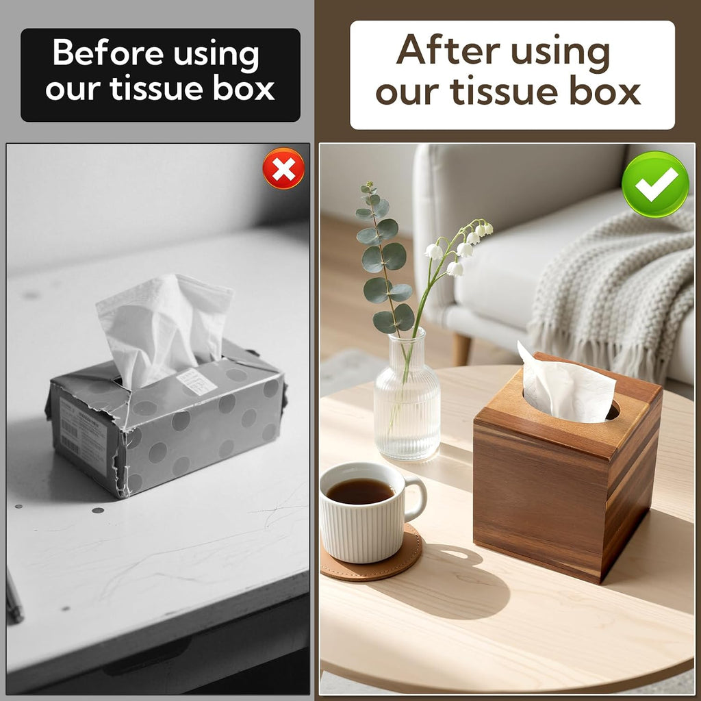Wooden Tissue Box Cover 6 Pack - Acacia Wood Tissue Box Holder for Bathroom, Office & Farmhouse Decor, Decorative Square Covers for Tabletop Stands