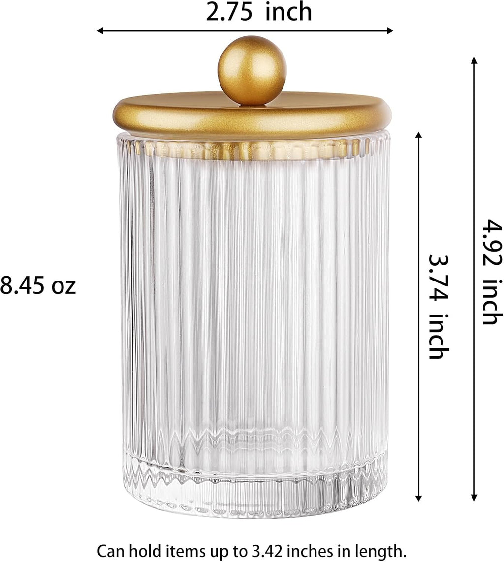3 Pack Glass Qtip Holder Dispenser Set with Matte Gold Metal Lid