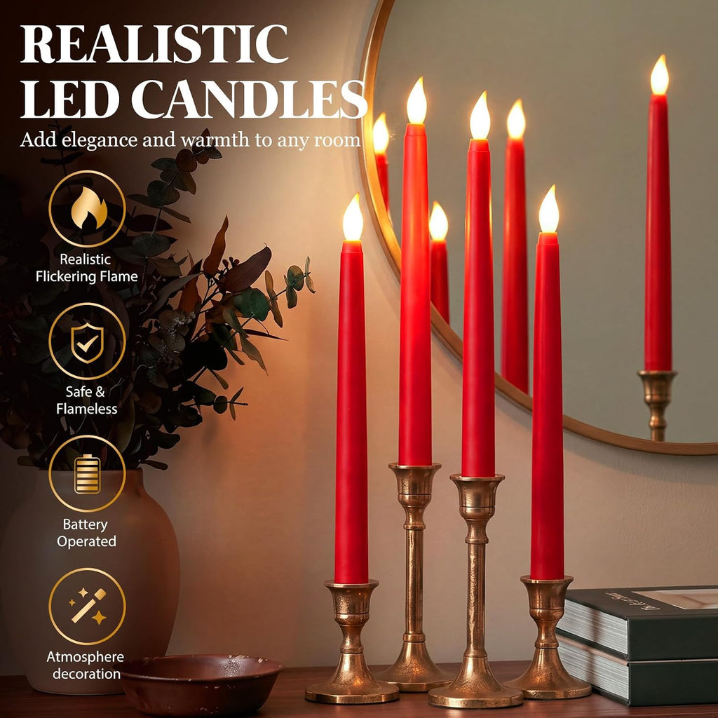 Baquler 50 Pcs 9.7 Inch LED Flameless Taper Candles Bulk, Red
