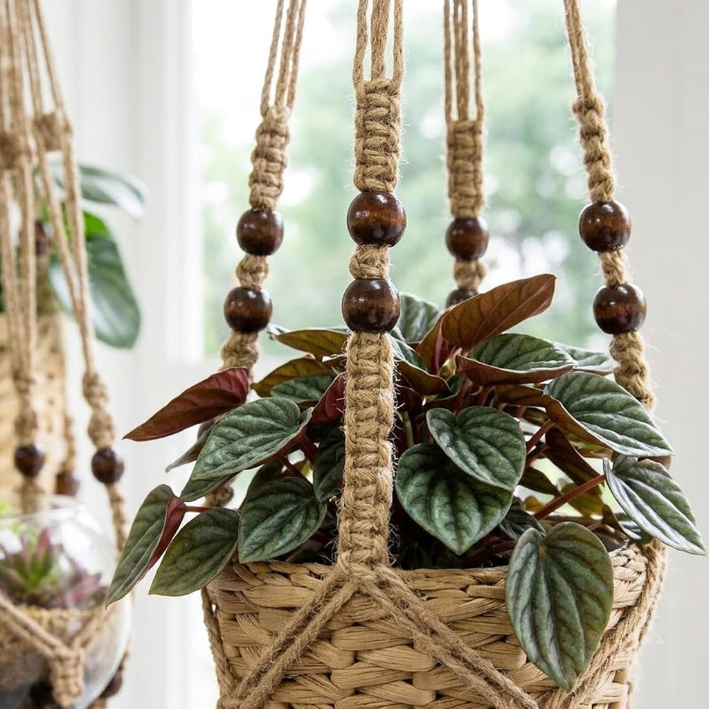 3 Pack Macrame Plant Hanger, Bohemian Hanging Planter with Elegant Wooden Beads for Indoor Outdoor (Pot and Plant are Not Included)