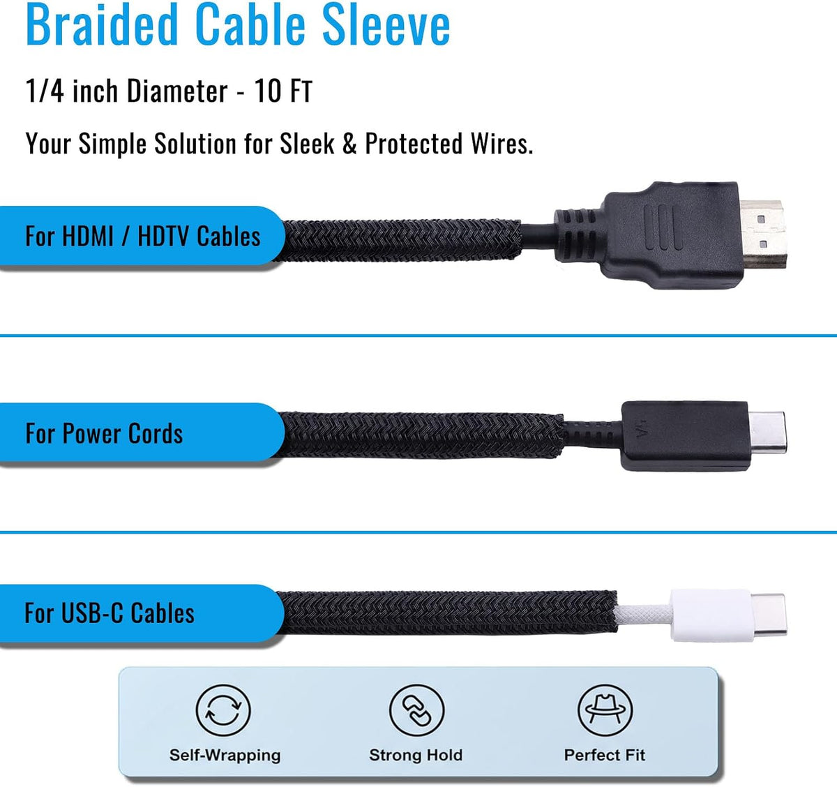 1/4" - 10Ft Split Braided Cable Sleeve, Wire Loom Tubing, Black