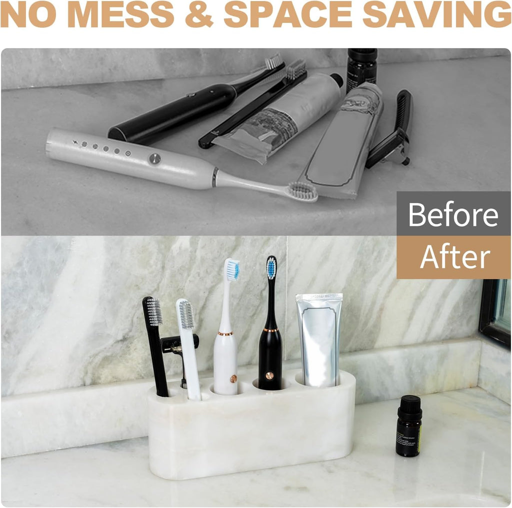 BCS Toothbrush Holder for Bathrooms, 6 Slots Open-Bottom Marble Toothbrush and Toothpaste Holder Stand Bathroom Organizer Countertop for Electric Toothbrush, Floss, Razor, Comb - Karibib Ice