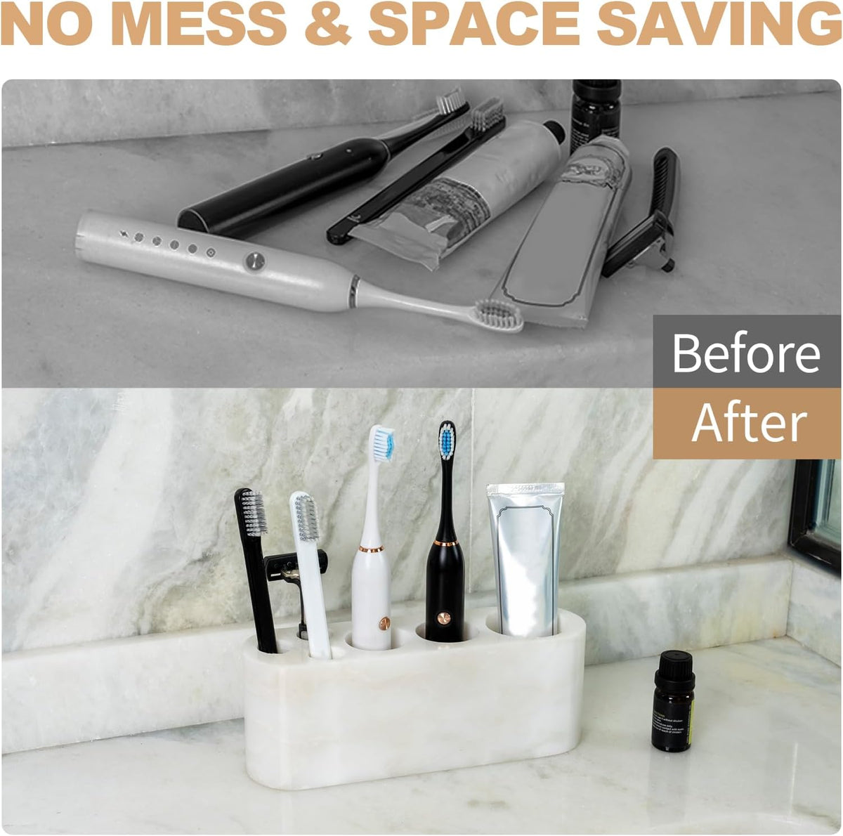 BCS Toothbrush Holder for Bathrooms, 6 Slots Open-Bottom Marble Toothbrush and Toothpaste Holder Stand Bathroom Organizer Countertop for Electric Toothbrush, Floss, Razor, Comb - Karibib Ice