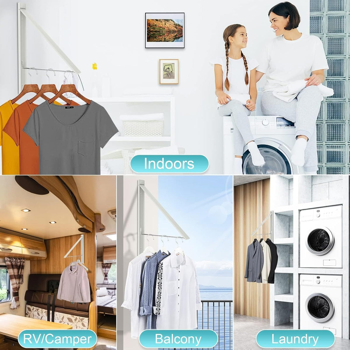 Foldable Wall Mount Drying Rack, 65lb, Space Saving White