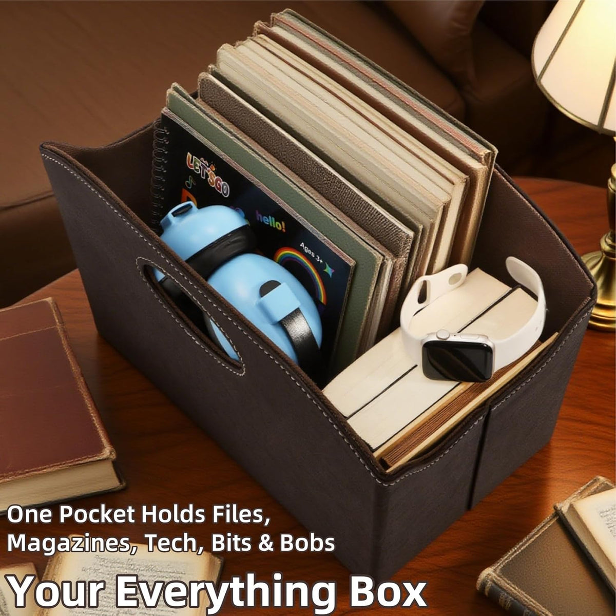WRINGKIT Leather Magazine File Holder, Foldable Magazine Basket with Handle