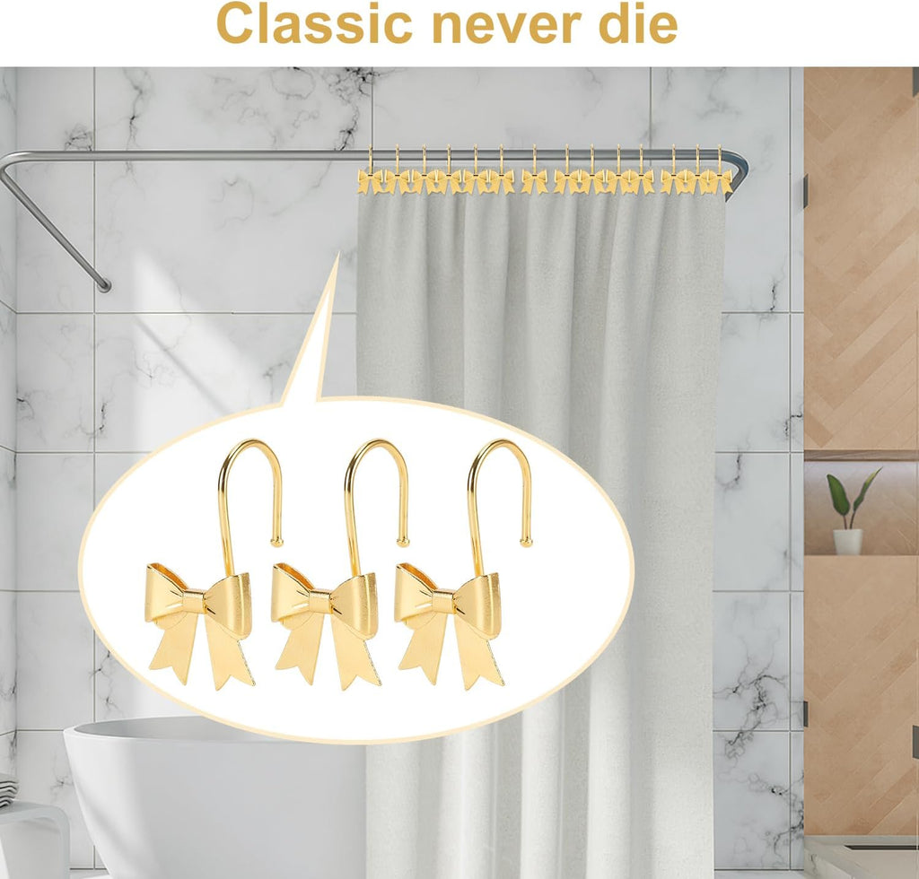 Bow Shower Curtain Hooks, 12-Pack Gold Metal Decorative Bow Knot Rings