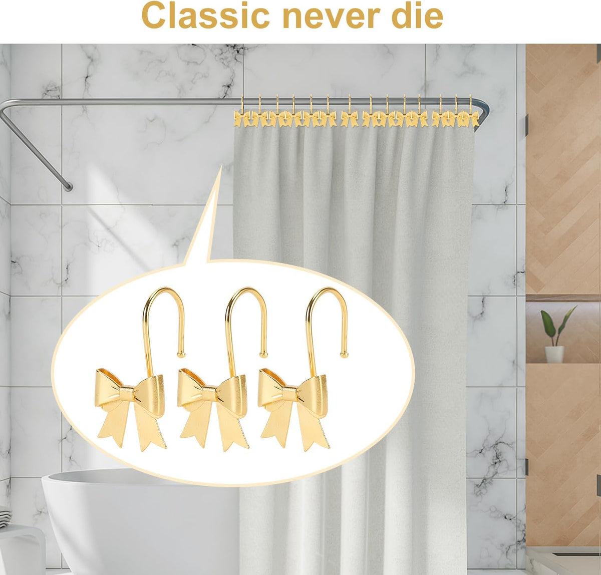 Bow Shower Curtain Hooks, 12-Pack Gold Metal Decorative Bow Knot Rings