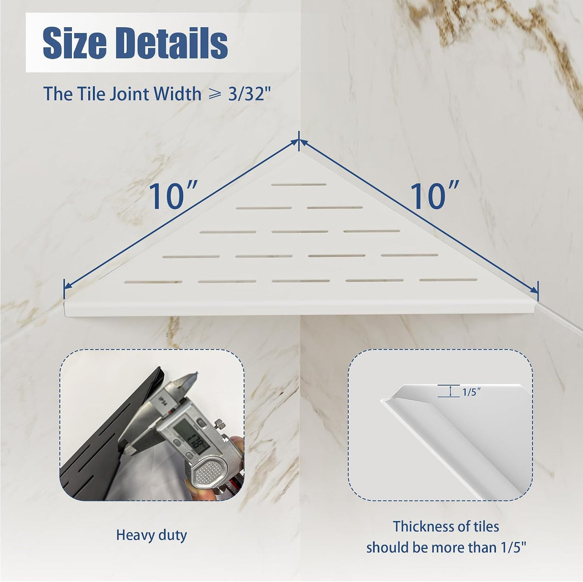 Neodrain 10 Inch White Corner Wall Shelf for Tile Wall Insert, Set of 2