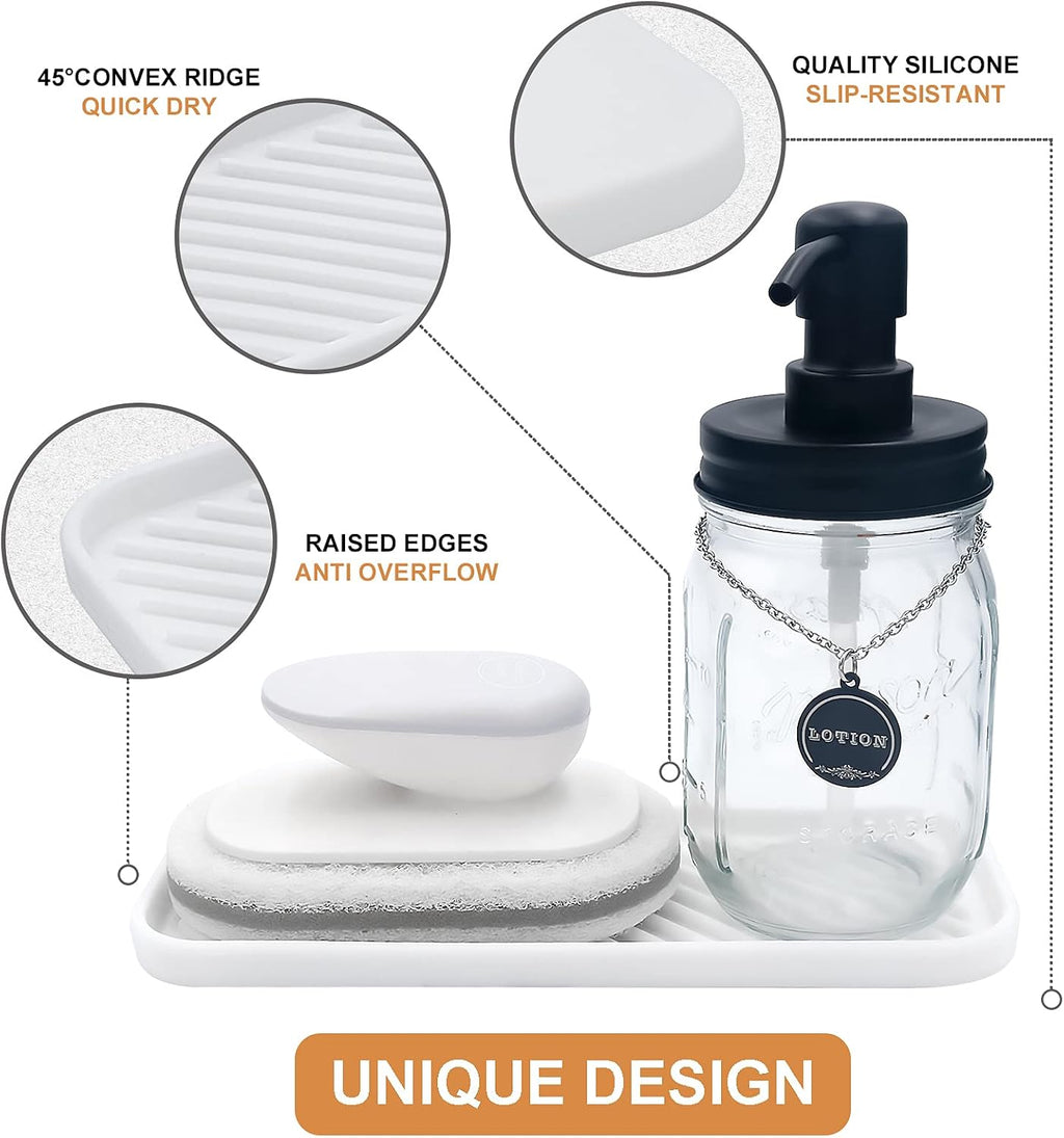 Silicone Organizer Tray, Soap and Sponge Holder for Kitchen Sink, Bathroom - Storage Tray for Dish Brush, Soap Dispenser, Dishwashing Accessories- 2 Pack (White)