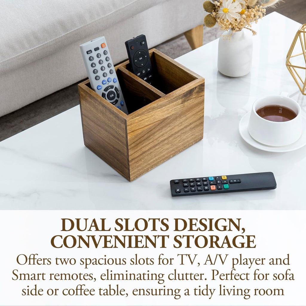 MyGift Premium Acacia Wood Remote Holder, 2 Slot TV Control Caddy