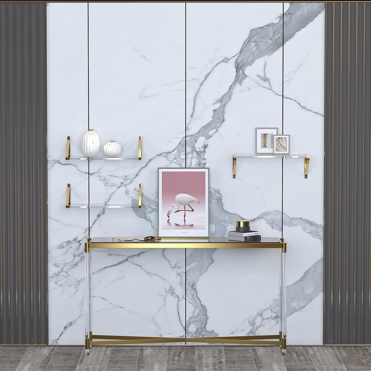 Gold Floating Shelves Crystal-Clear Acrylic Floating Shelves,Sturdy Thickness 10mm(0.4inch) Acrylic Shelves for Wall Decor,Gold Shelving for Living Room Decor Set of 3.