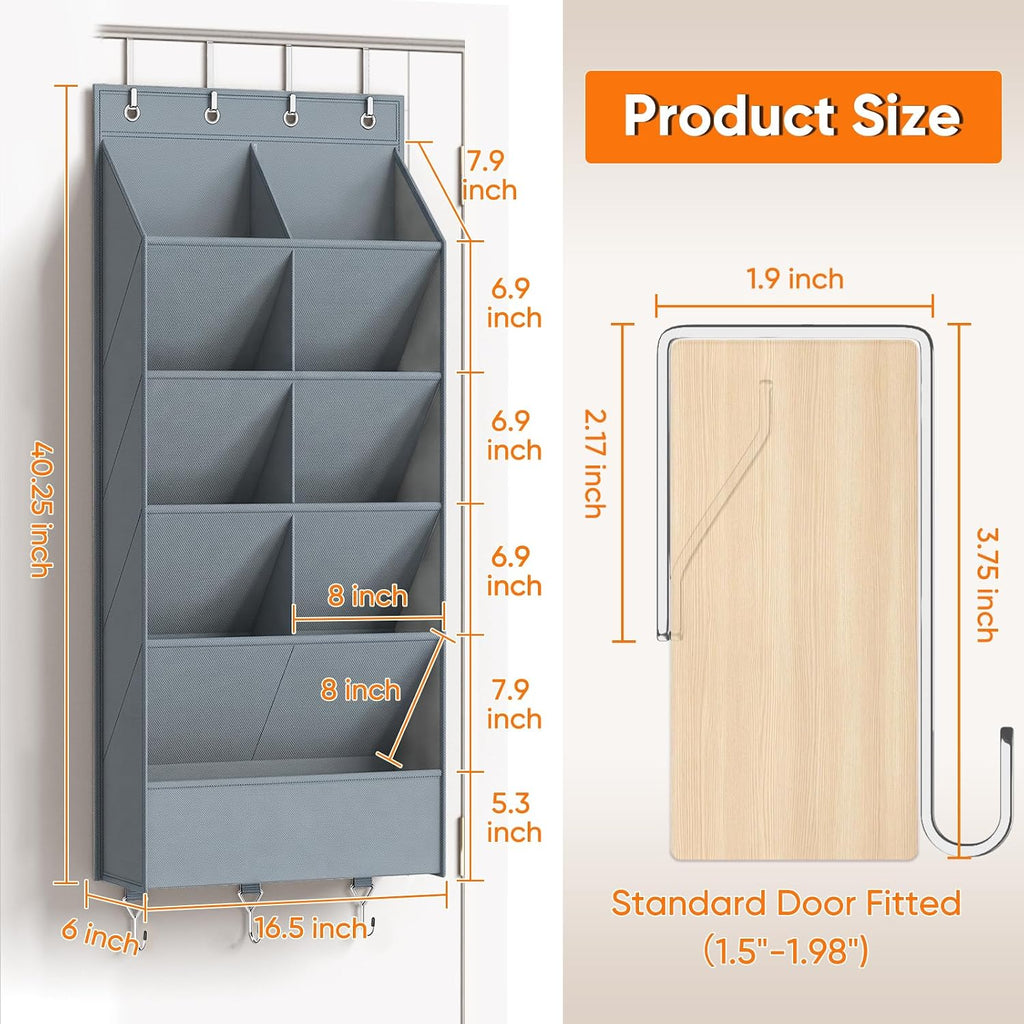 Over the Door Shoe Organizer, 5 Tiers with 9 Compartments, Grey