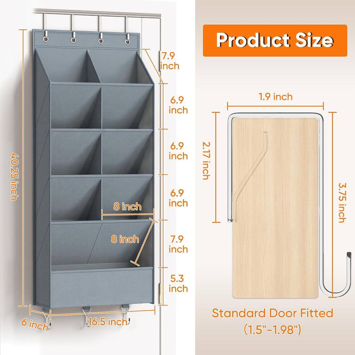 Over the Door Shoe Organizer, 5 Tiers with 9 Compartments, Grey