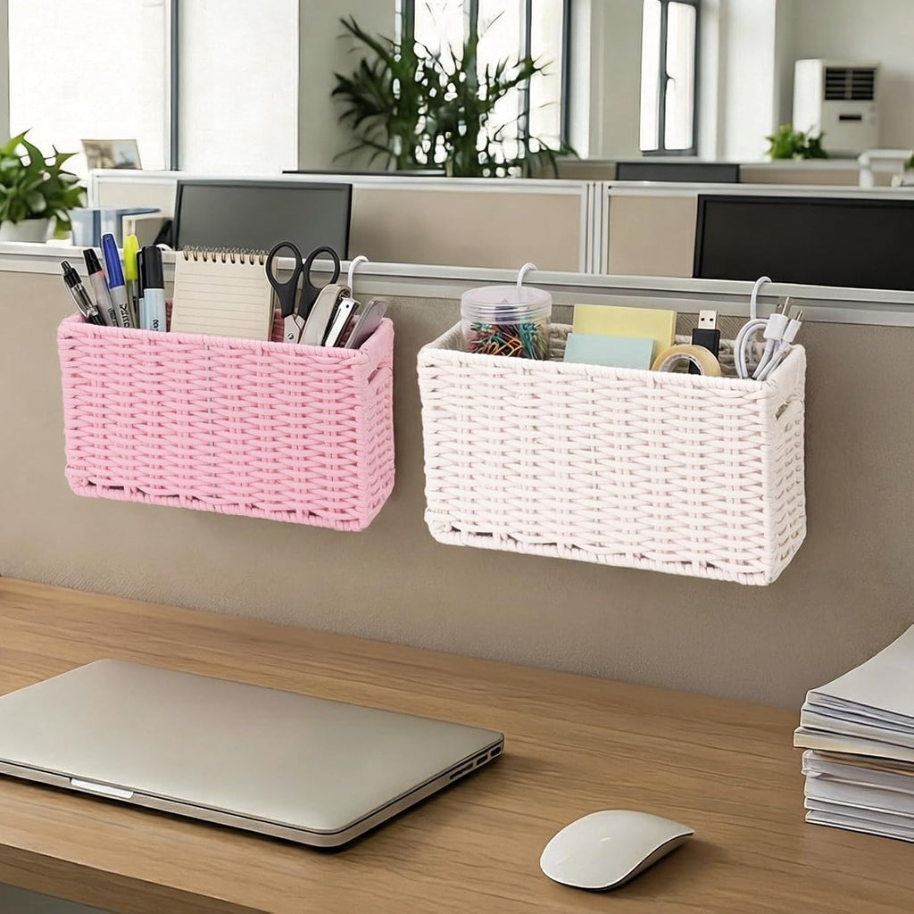 Cotton Rope Woven Bedside Caddy for Dorm Bed, Foldable Bedside Shelf Bunk Bed Accessories, College Dorm Room Essentials Hanging Organizers Storage Basket, Room Decor Magazine File Holder (White)