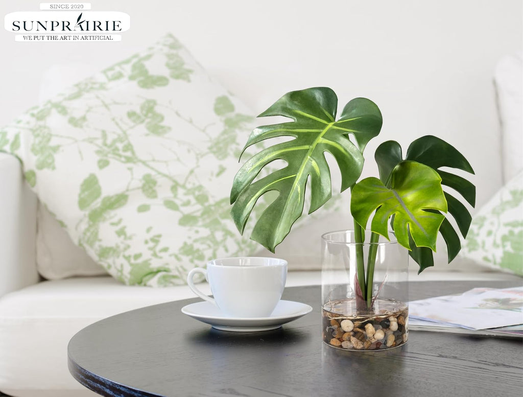 SUNPRAIRIE Realistic Artificial Plant in Clear Pot with Artificial Water, Broad Monstera Leaves. Faux Plants Indoor and Outdoor.