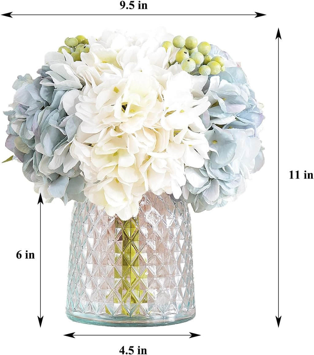 Wracra Hydrangeas Floral Arrangement in Glass Vase; Fake Flowers Blue