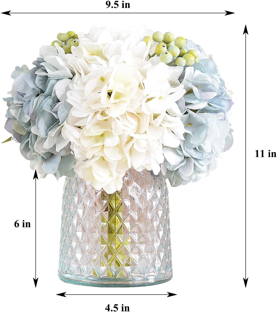 Wracra Hydrangeas Floral Arrangement in Glass Vase; Fake Flowers Blue