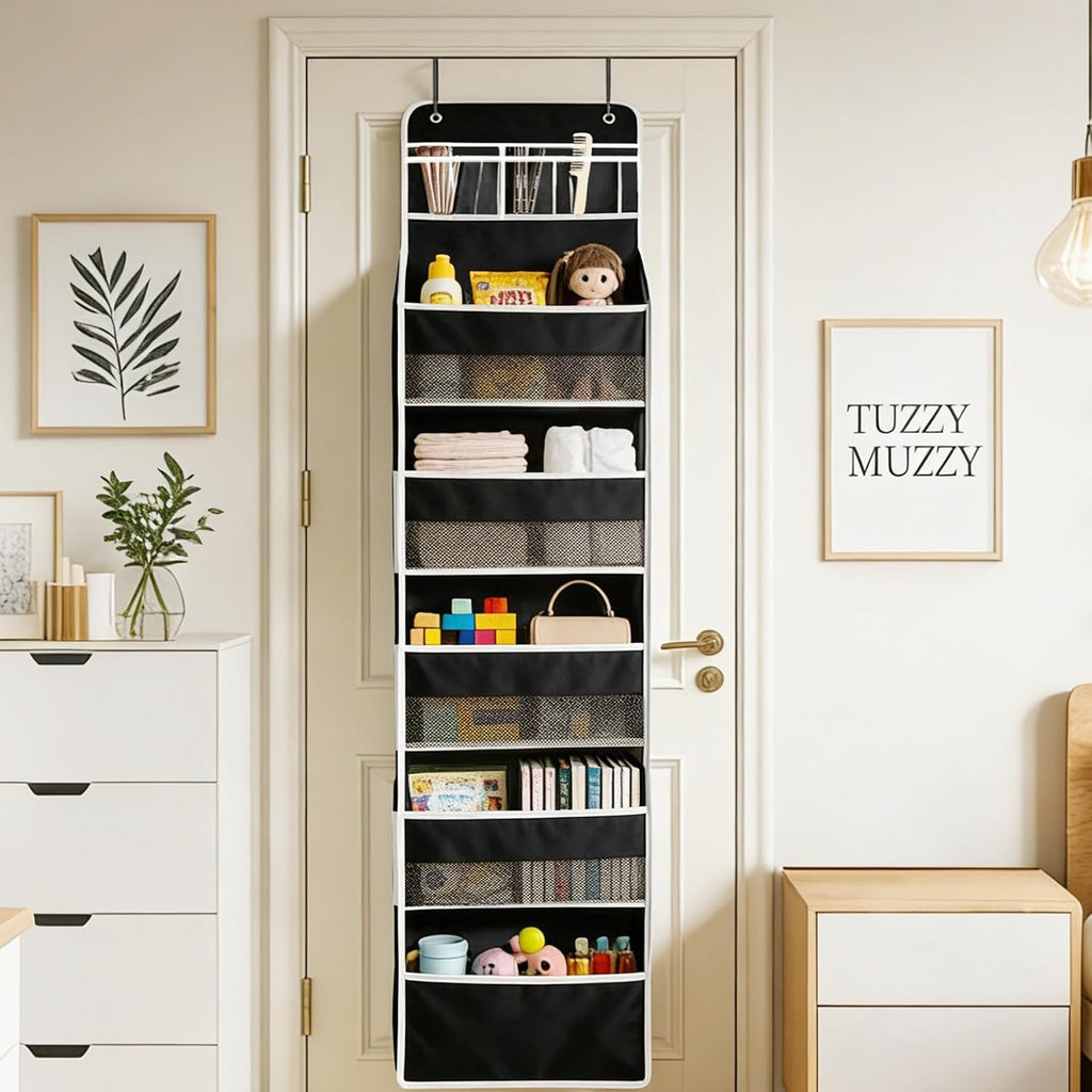 Over the Door Organizer, Door Storage Organizer with Large Capacity Pockets, Hanging Shelves for Bedroom, Closet, Dorm, Pantry (Black, 6-Tier)