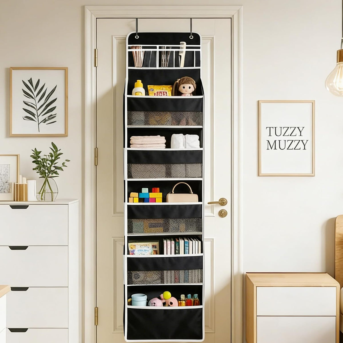 Over the Door Organizer, Door Storage Organizer with Large Capacity Pockets, Hanging Shelves for Bedroom, Closet, Dorm, Pantry (Black, 6-Tier)