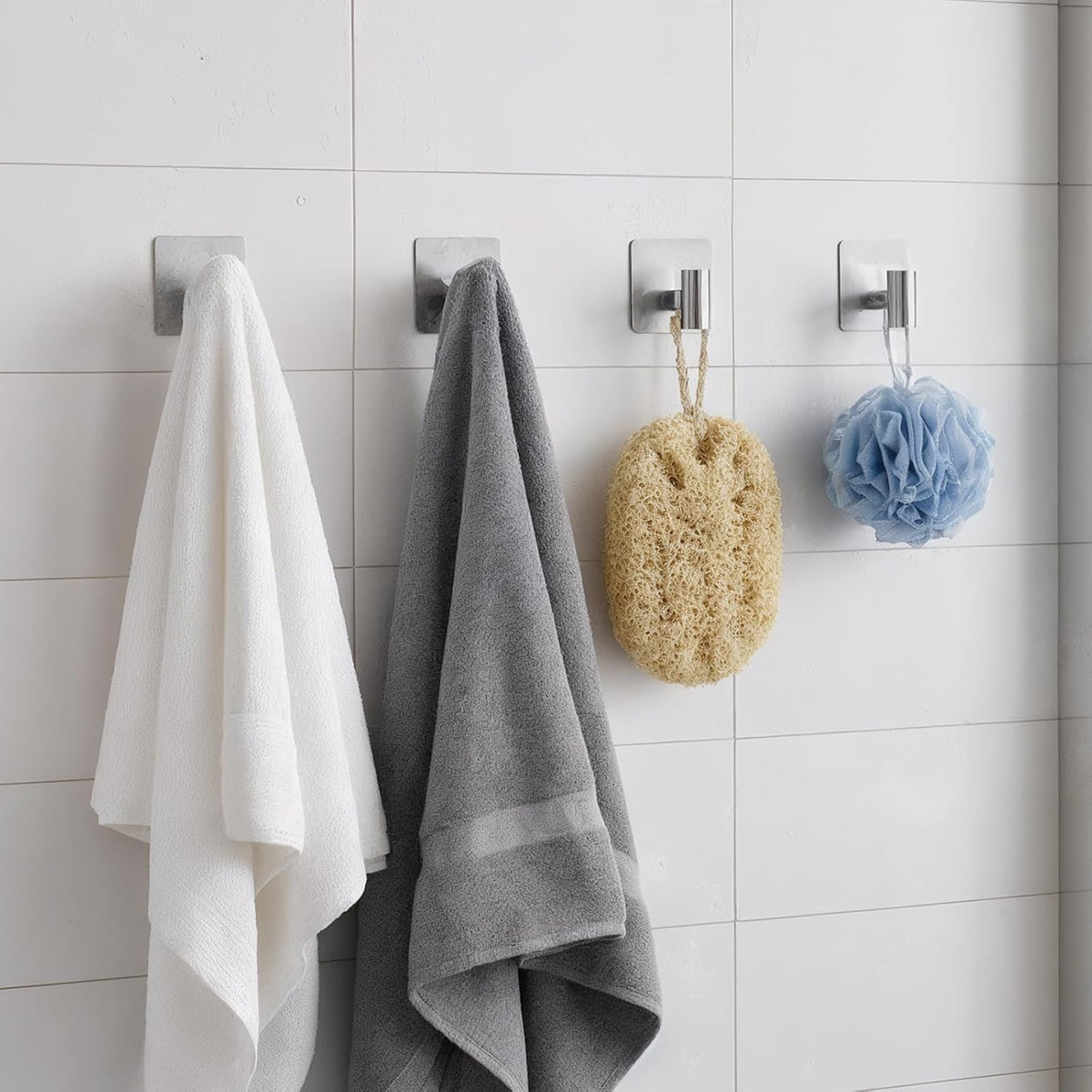 Rise age Adhesive Hooks, Adhesive Towel Hooks for Shower Wall Silver 2 Pcs