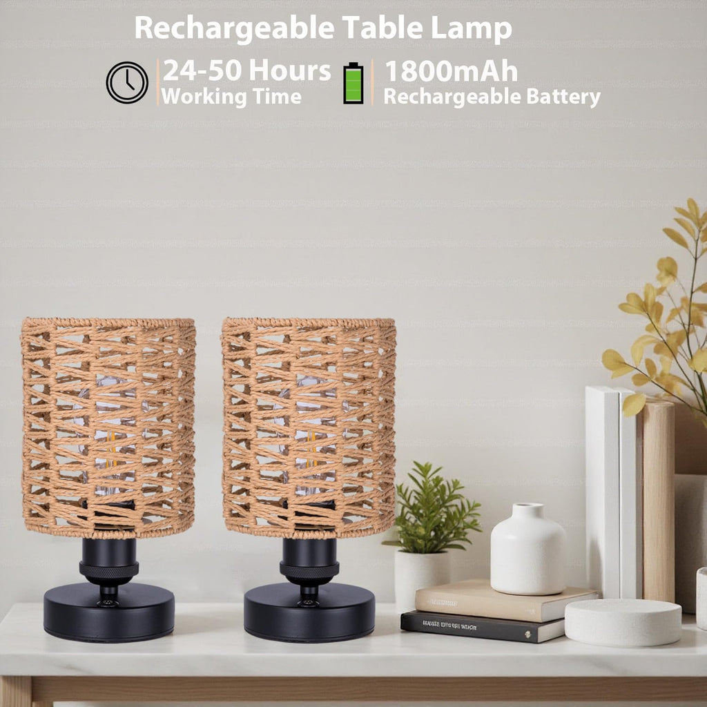 Cordless Outdoor Table Lamps, Small Rattan Boho, Rechargeable Battery Operated for Outdoor Patio, Home, Living Room, Bedroom, Bedside - Set of 2 (Beige-B)
