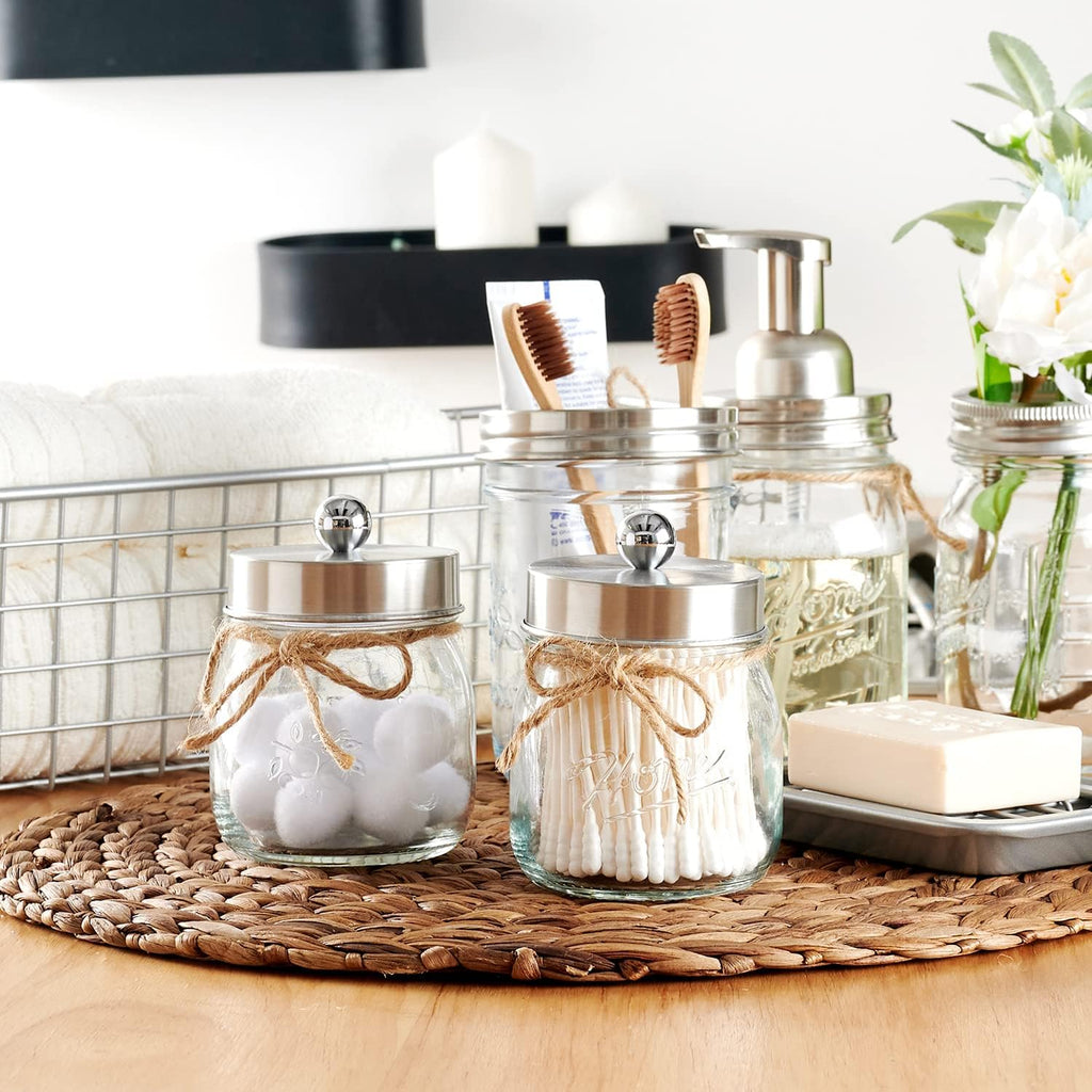 SheeChung 2 Pack Glass Mason Jar Qtip Holder Dispenser, Brushed Nickel Lids