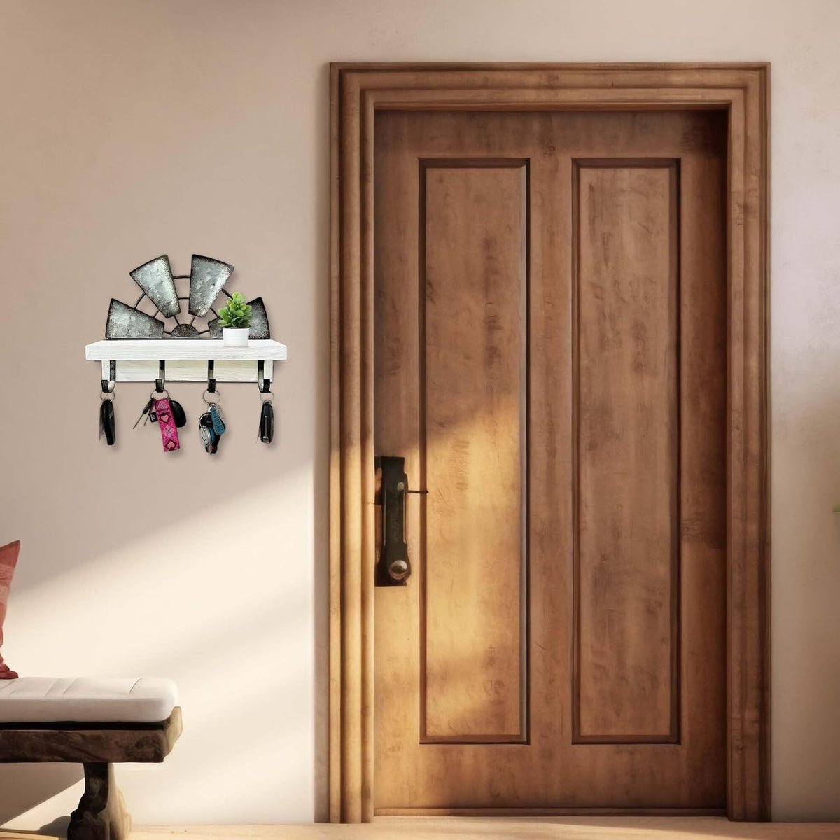 Windmill Key Holder Wall Mount, Decorative Wall Mounted Key and Mail Rack with Shelf, Farmhouse Wall Decor, 4 Rustic Hooks for Coats & Keys, White Western Key Holder.