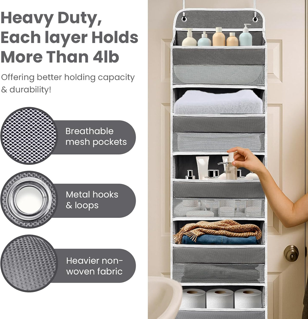Over the Door Organizer for Bathroom, Bedroom, Pantry, 5 Shelves Dark Grey