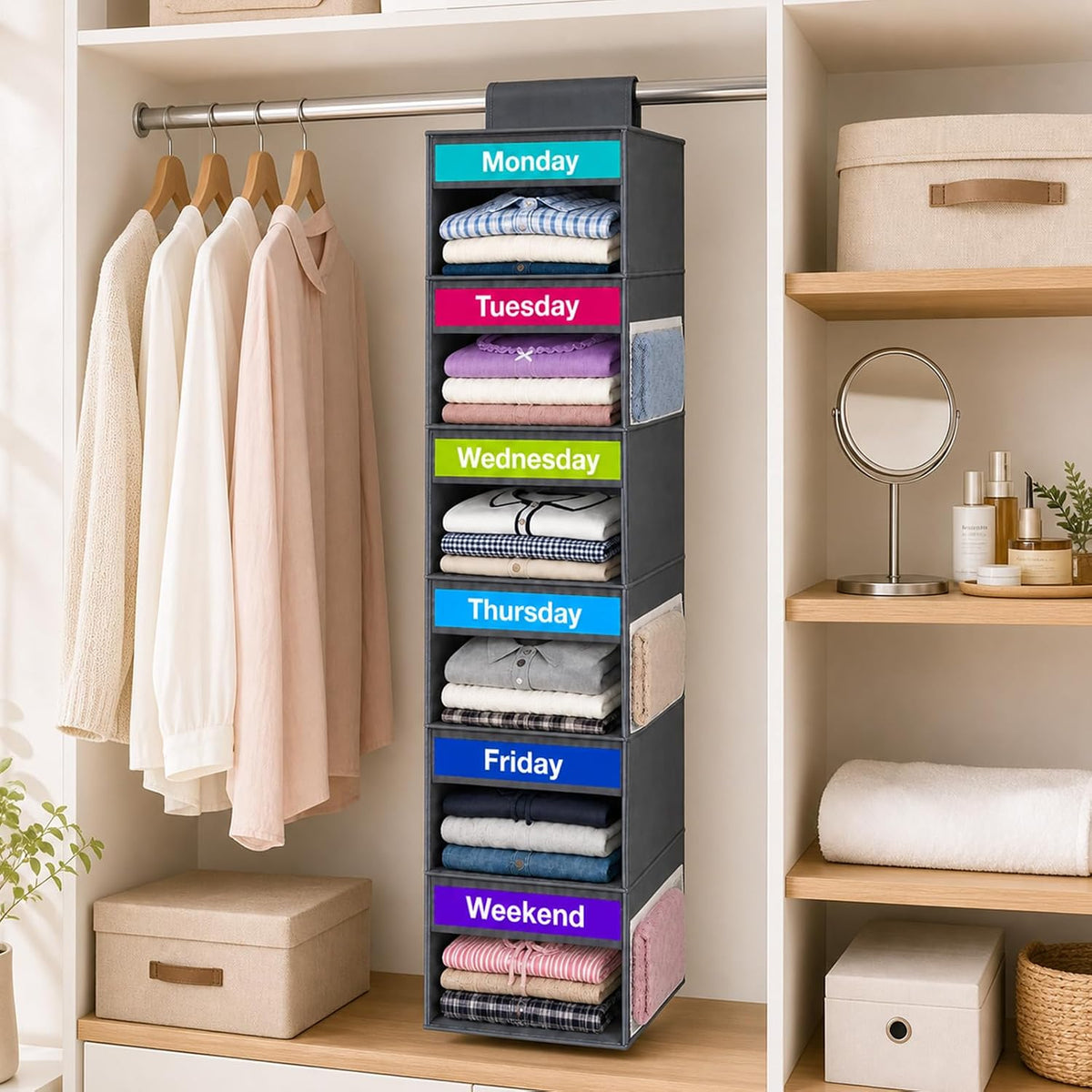 6-Shelf Weekly Clothes Organizer for Kids Days of The Week Outfit(Grey)