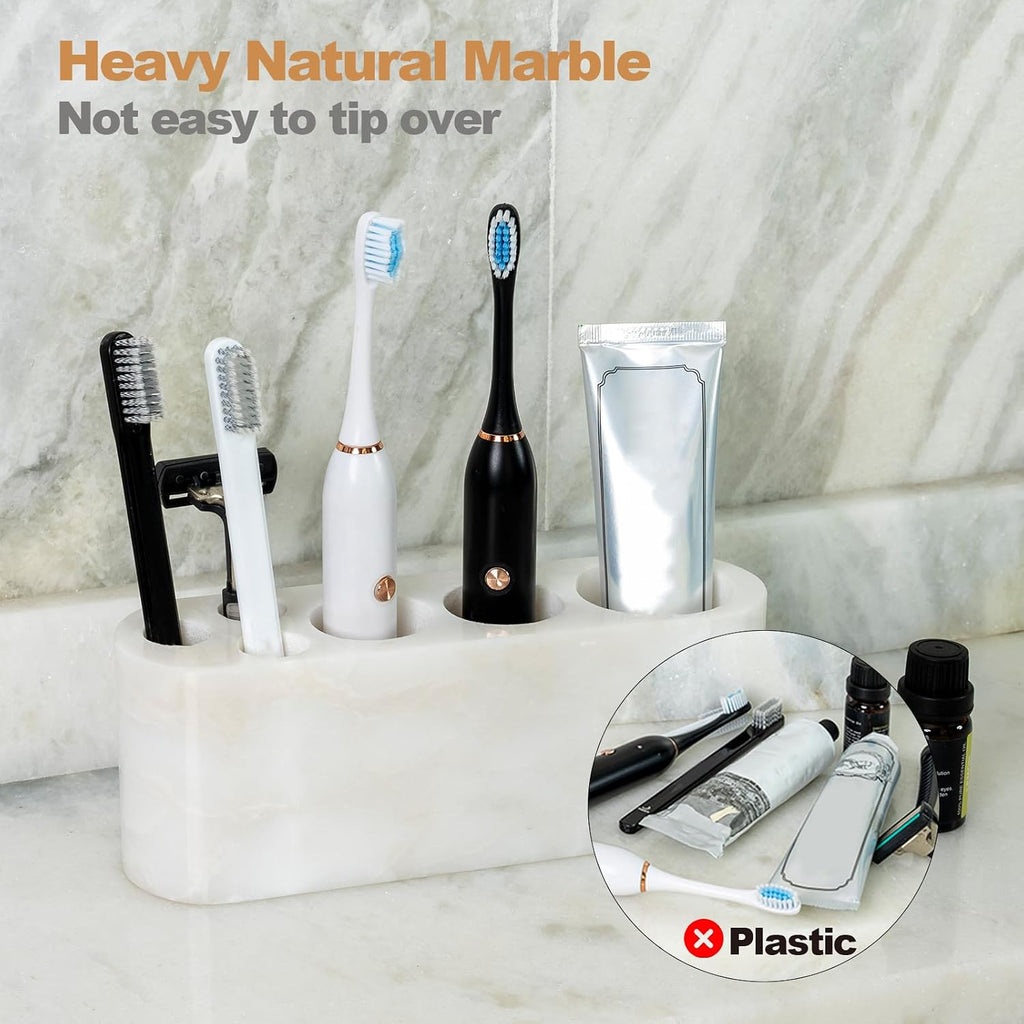 BCS Toothbrush Holder for Bathrooms, 6 Slots Open-Bottom Marble Toothbrush and Toothpaste Holder Stand Bathroom Organizer Countertop for Electric Toothbrush, Floss, Razor, Comb - Karibib Ice