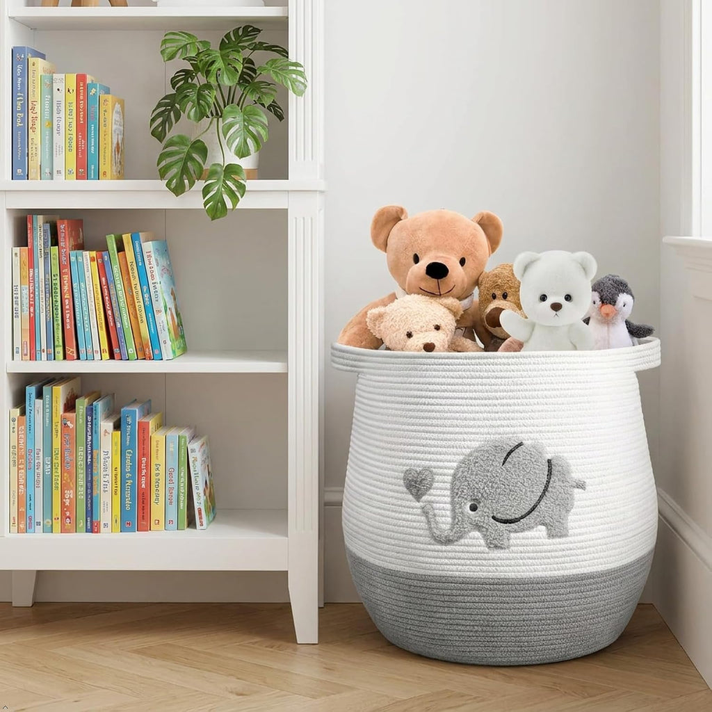 Large Baby Laundry Hamper, Gray Elephant Laundry Basket for Baby, Toy and Blanket Storage Basket for Nursery and Playroom, Cotton Rope Hamper for Kids, 17.7"x15.7"