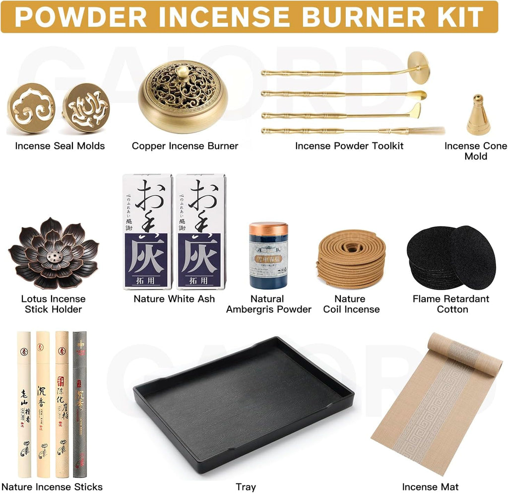 29 Pc Brass Incense Burner Kit for Powder Stick Cone Coil (Glod)