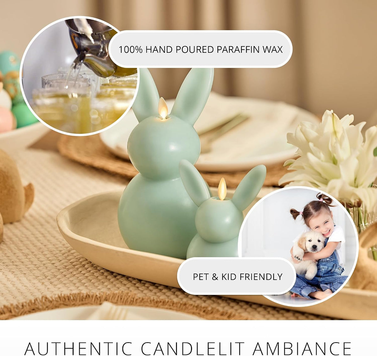 Luminara Easter Bunny Candle- Fresh Mint 4.5" x 4.5" x 8.5"- Flameless Real-Flame Holiday-Inspired Decor- AA Batteries- Flickering LED Flame