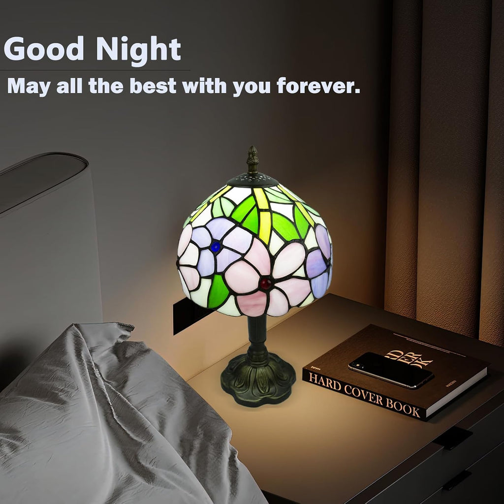 Small Tiffany Style Stained Glass Table Lamp, 8 Inch, Pansy Flower Pattern