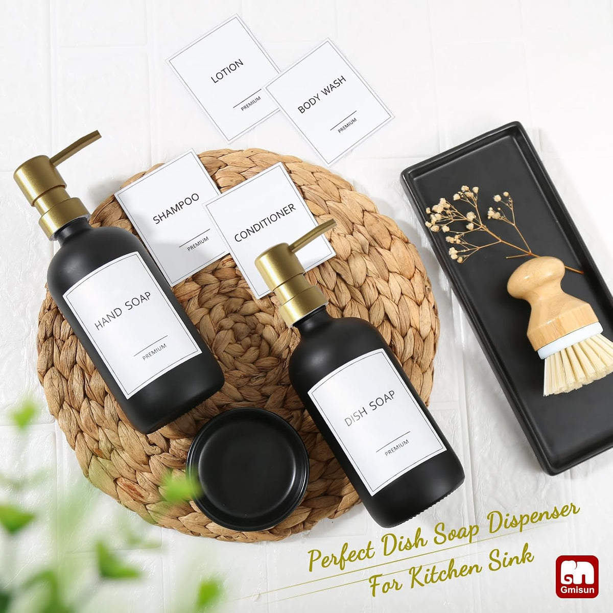 GMISUN Dish Soap Dispenser for Kitchen, 17 fl oz Dish Soap Dispensers with Ceramic Tray & Bamboo Brush & Gold Pump, 2Pcs Matte Black Glass Kitchen Soap Dispenser Set, Refillable Soap Bottle Set