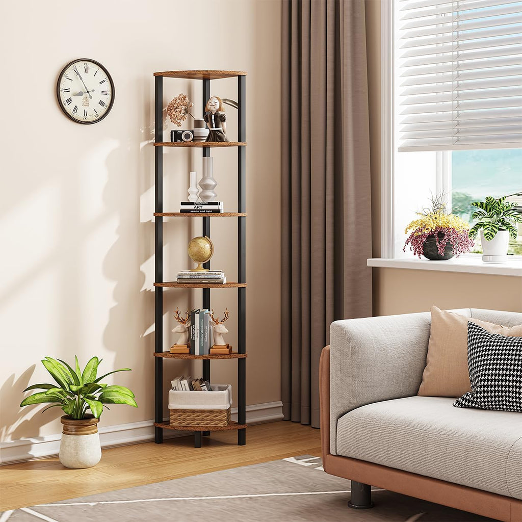 VIMBER Corner Shelf, 6-Tier Corner Bookshelf, Industrial Corner Ladder Shelf, DIY Storage Shelves, Rustic Display Shelf for Living Room, Bedroom, Kitchen, Home Office, Rustic Brown and Black UJSJ004F