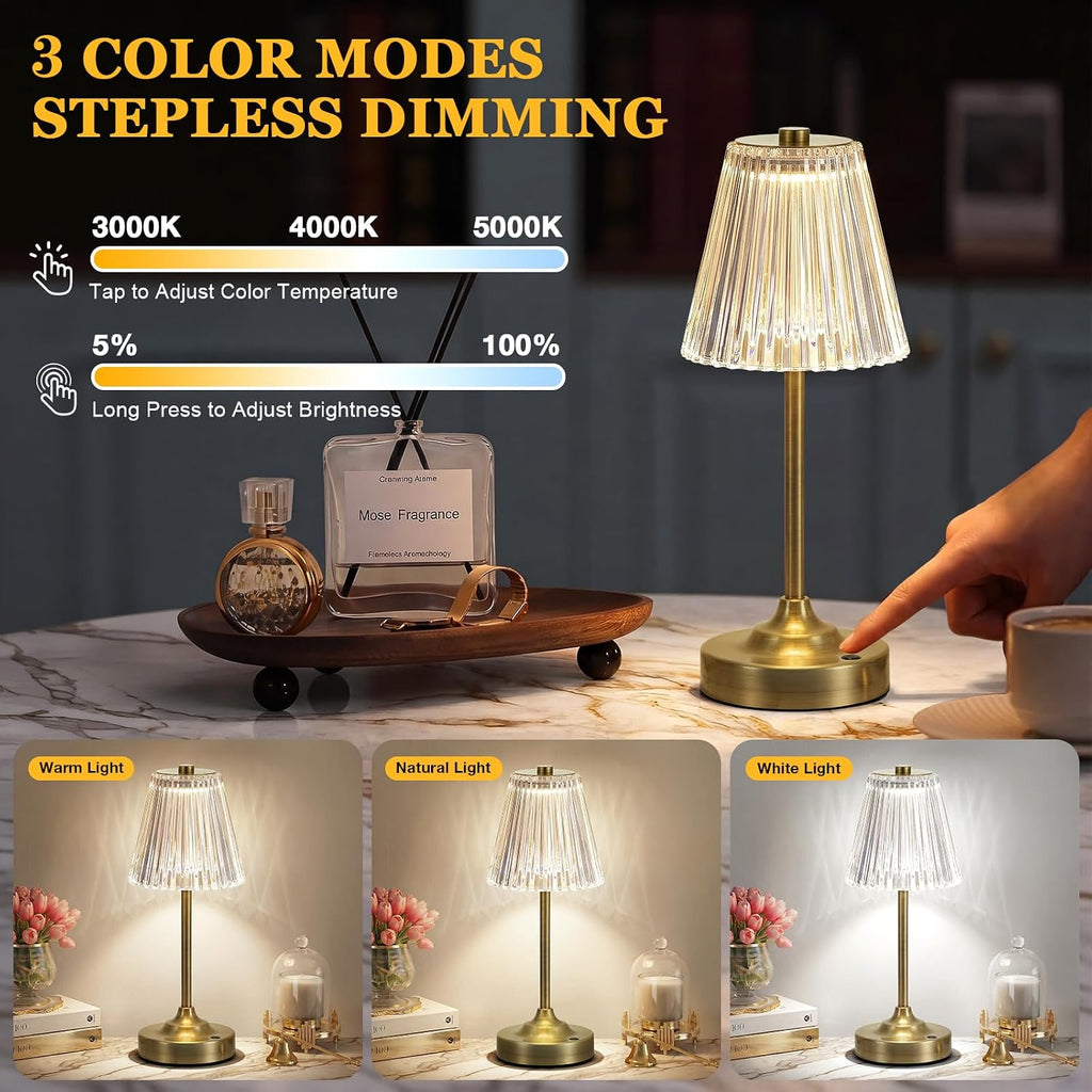 Bronze Cordless Rechargeable Table Lamp, Touch Battery Powered Lamp, 3 Color Modes, Crystal Acrylic Lampshade, Portable Ambient Night Light for Desk, Bedroom, Living Room, Dining Room, Kitchen, Bar