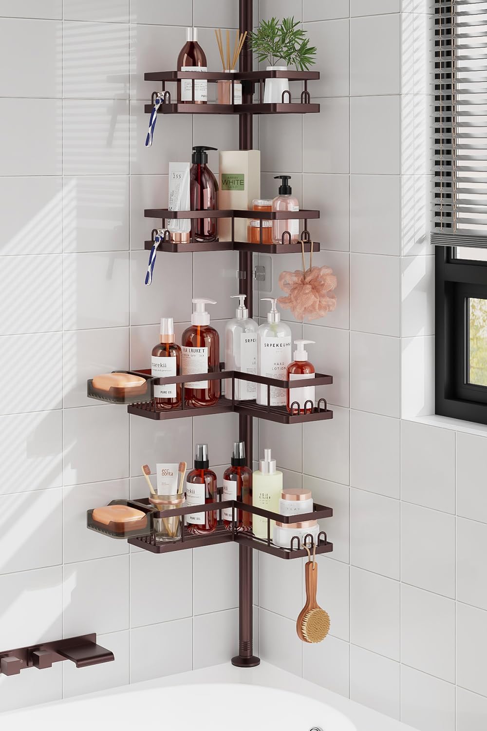 YASONIC Corner Shower Caddy Tension Pole, Adjustable Shower Shelves, Rust-Resistant Shower Organizer, No-Drill 3-Step Installation, Bathroom Shelves for Renters & Family, Bronze