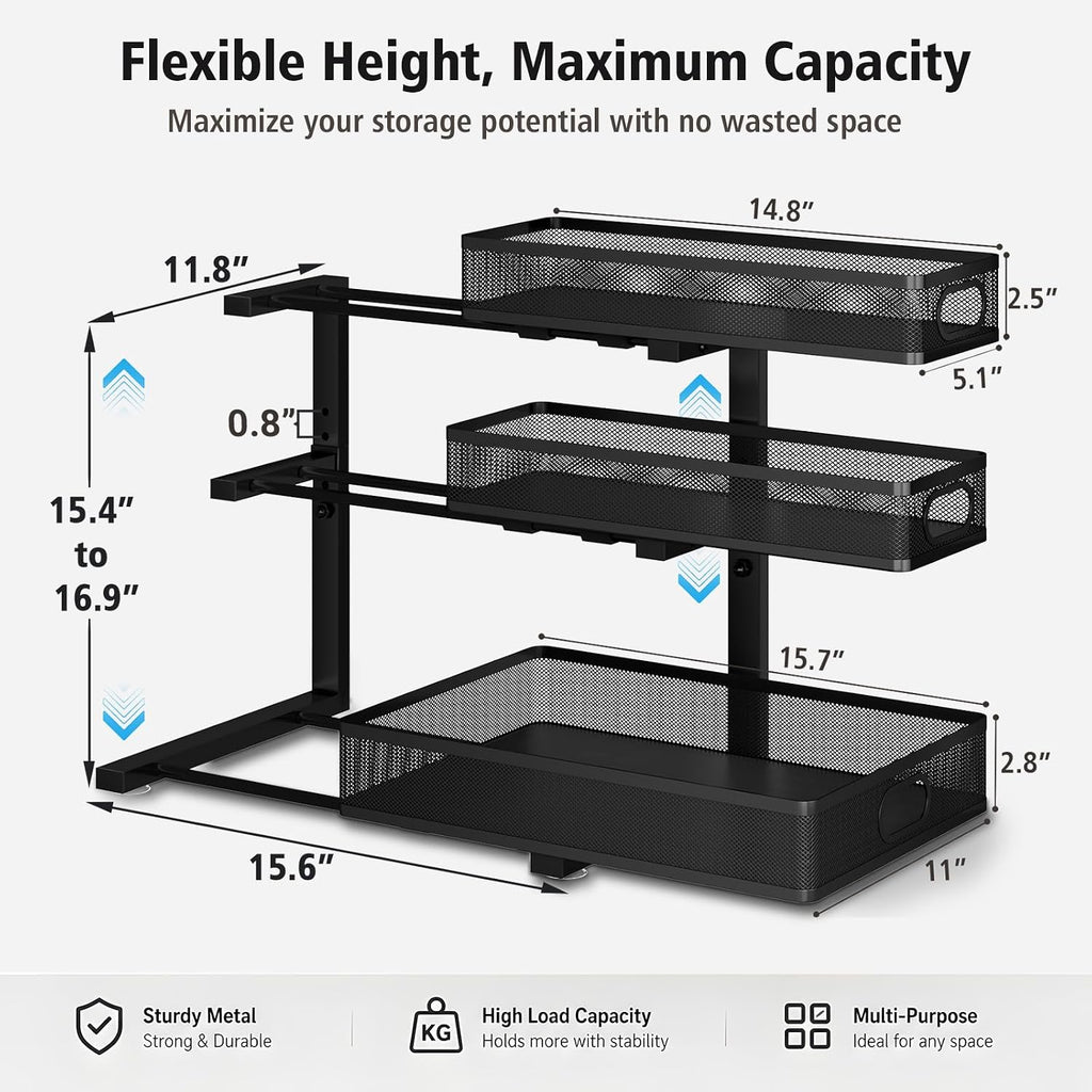 Under Sink Organizer, 3 Tier Pull Out Cabinet Organizer with 5 Adjustable Heights, Metal Under Sink Storage with Sliding Drawers for Kitchen, Bathroom, Pantry and Laundry Room, 2-Pack Black