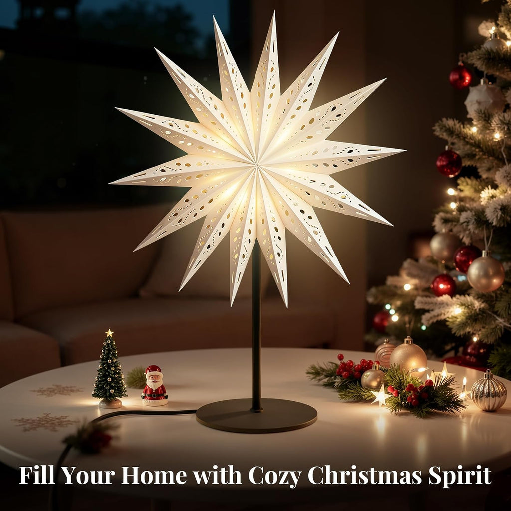 Lewondr 3D Christmas Paper Star Table Lamp, 17.72" 14-pointed Xmas Star