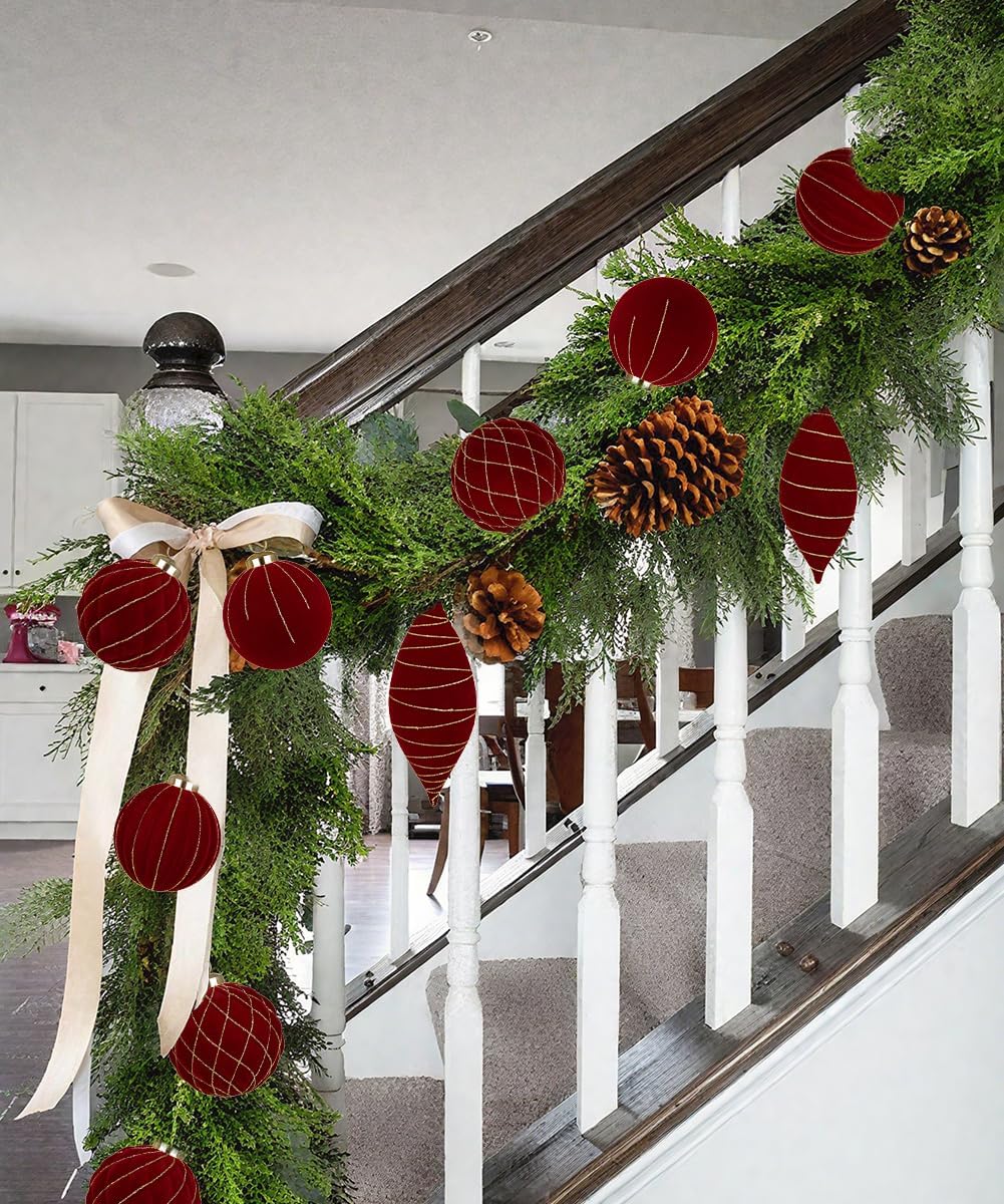 12PCS Velvet Christmas Ornaments Balls 3.15/6.6 Inch Flocked Ornament Sets Glitter Balls for Xmas Hanging Ornaments Decoration Wedding Party Holiday Decor - Classic Red
