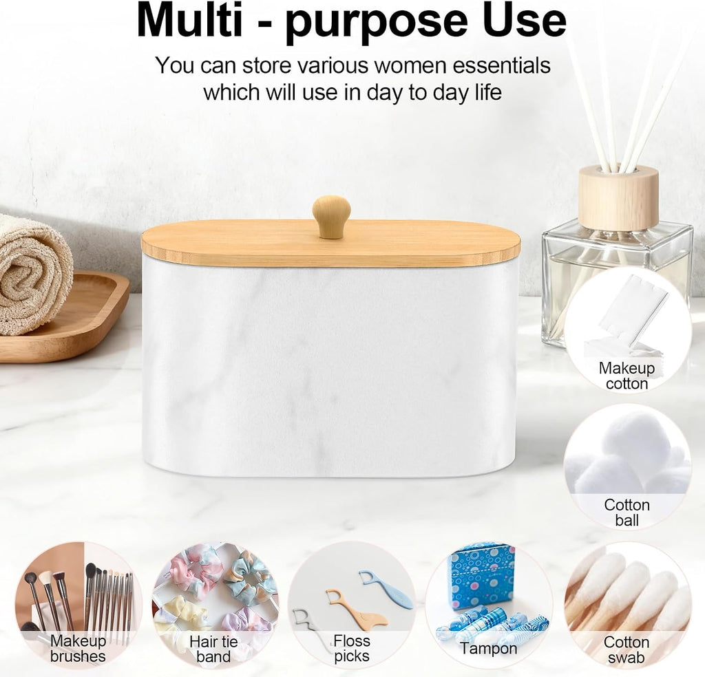 Cotton Swab Holder, Round Cotton Pads Balls Qtip Holder Dispenser with Lid, 2 Compartments Qtips Holder, Tampoms Period Box Bathroom Organizers Storage Bin Floss Dispenser Vanity Cosmetics, White