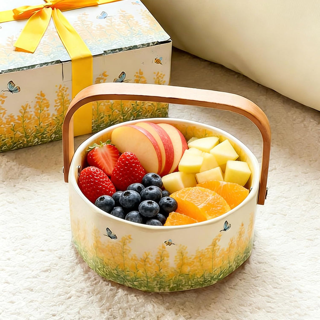 Ceramic Fruit Basket with Wooden Handle