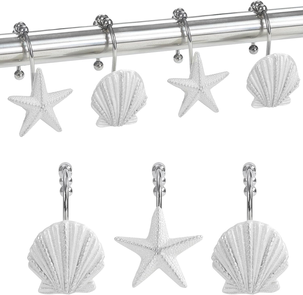Coastal Seashell Shower Curtain Hooks, Under the Sea Beach Starfish Bathroom Shower Curtain Hooks Rust Proof, 5 Roller Ring Balls White Decorative Shower Hooks for Shower Curtain, Set of 12