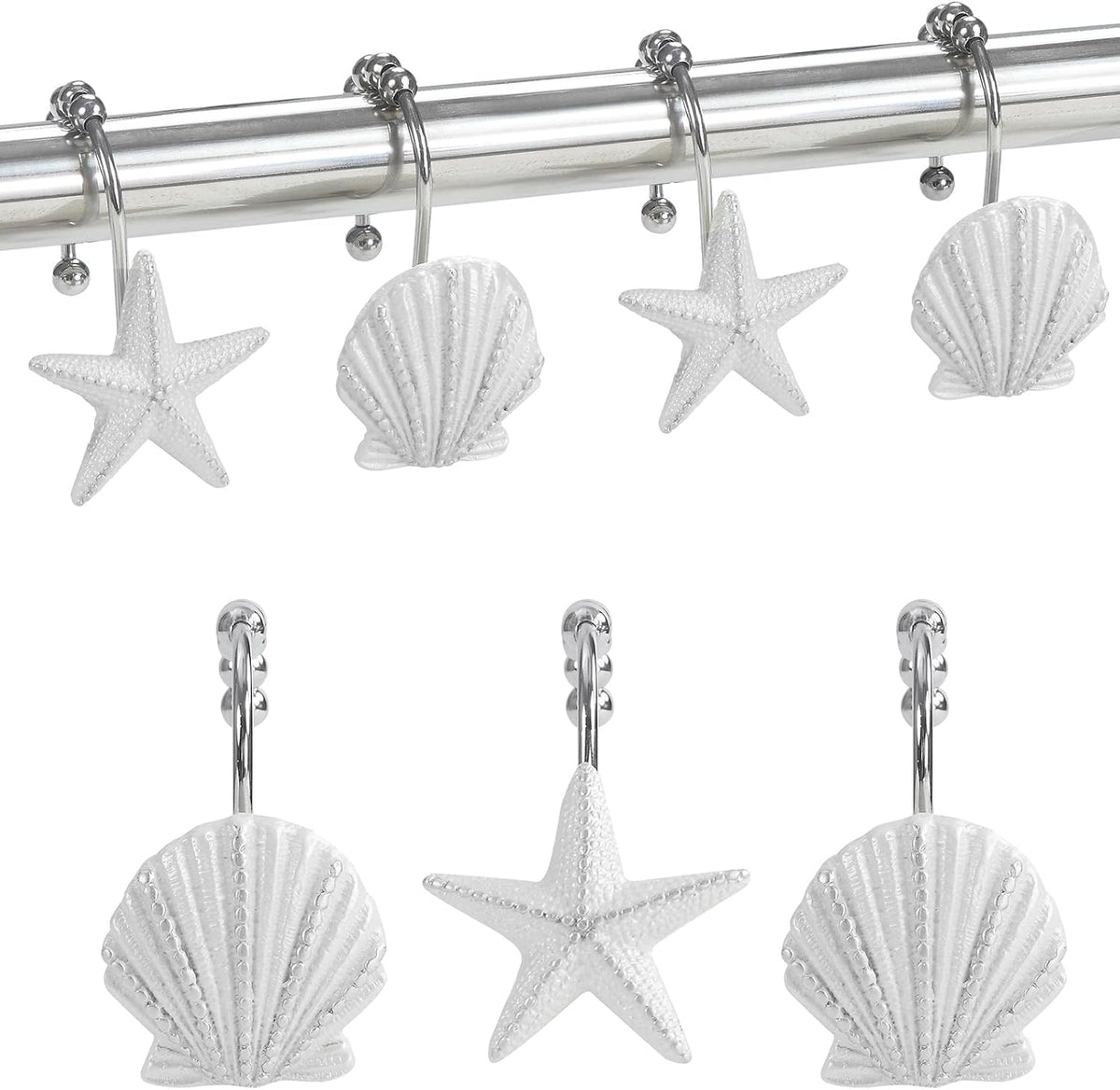 Coastal Seashell Shower Curtain Hooks, Under the Sea Beach Starfish Bathroom Shower Curtain Hooks Rust Proof, 5 Roller Ring Balls White Decorative Shower Hooks for Shower Curtain, Set of 12