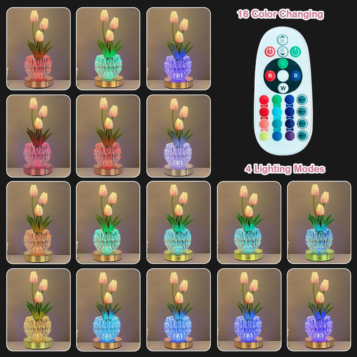Tulip Table Lamp, 16 Color Changing Glass Night Light with Remote, Touch Dimming Artificial Flower Light, LED Colored Light Romantic Flower Decoration Gift for Girl Women Mom